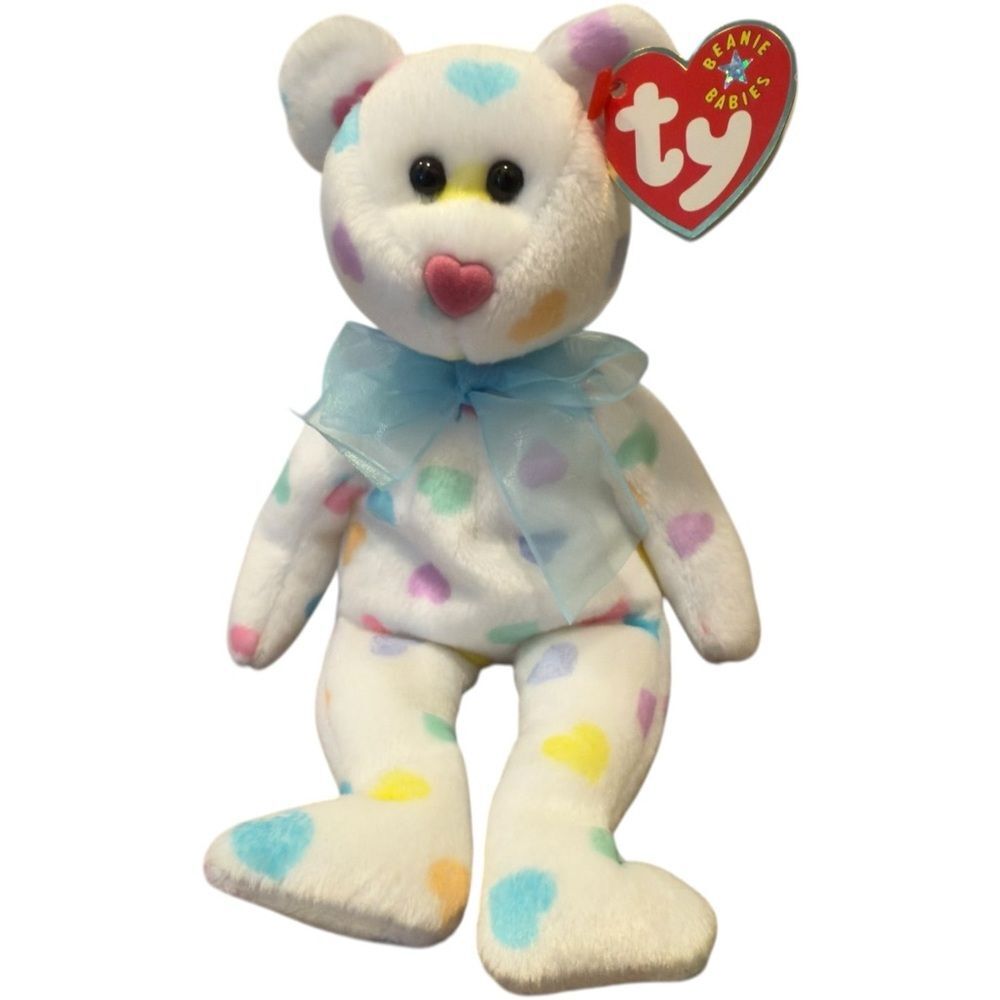 Ty Beanie Babies Kissme Colorful Hearts Bear. DOB 2/7/01. NEW WITH TAGS.